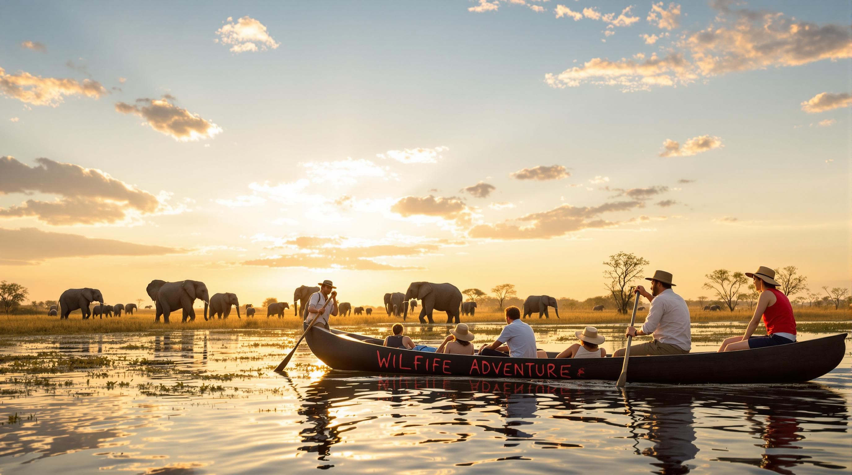 Safari group in mokoro canoe with elephants in the Okavango Delta at dawn