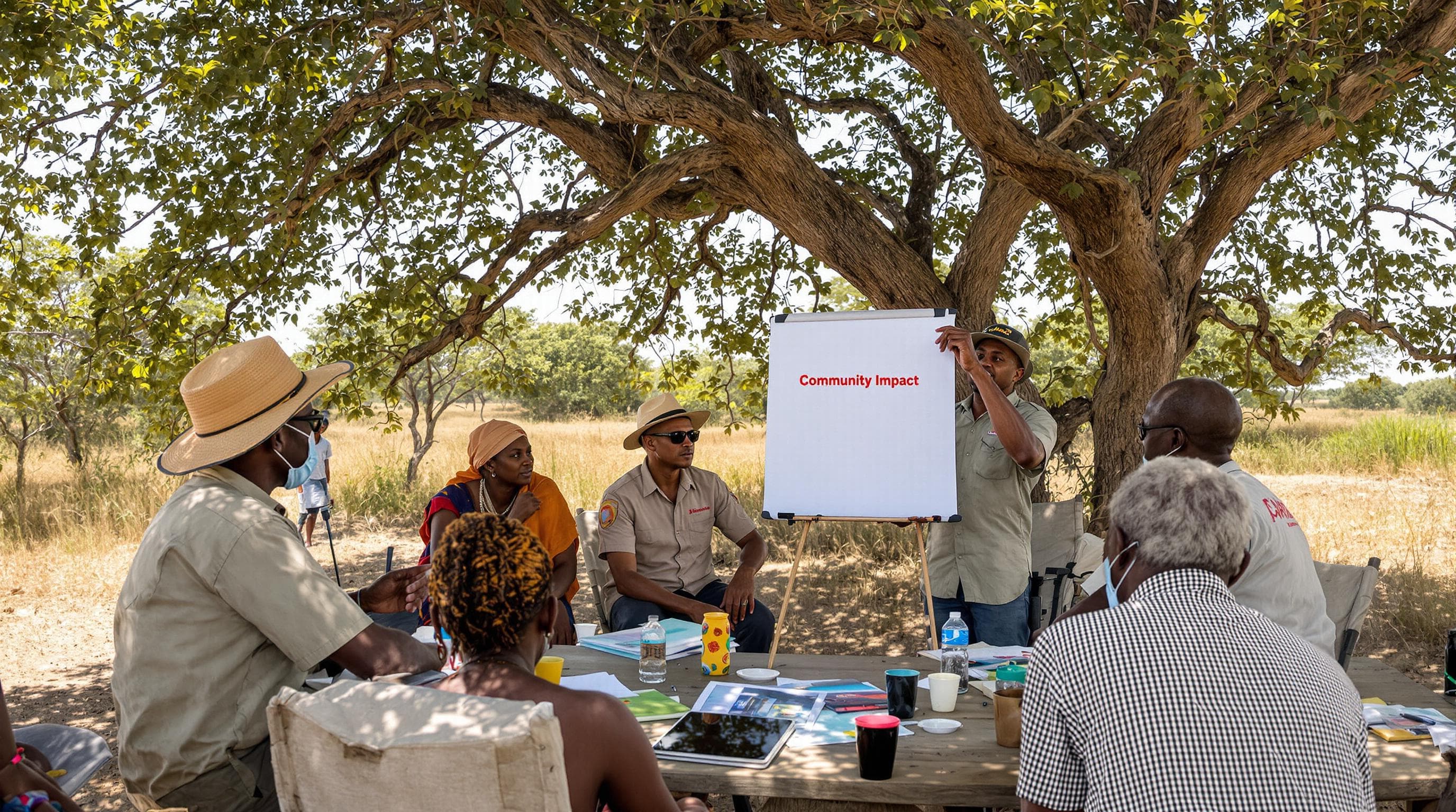 Conservationist meeting with villagers under a tree in rural Botswana