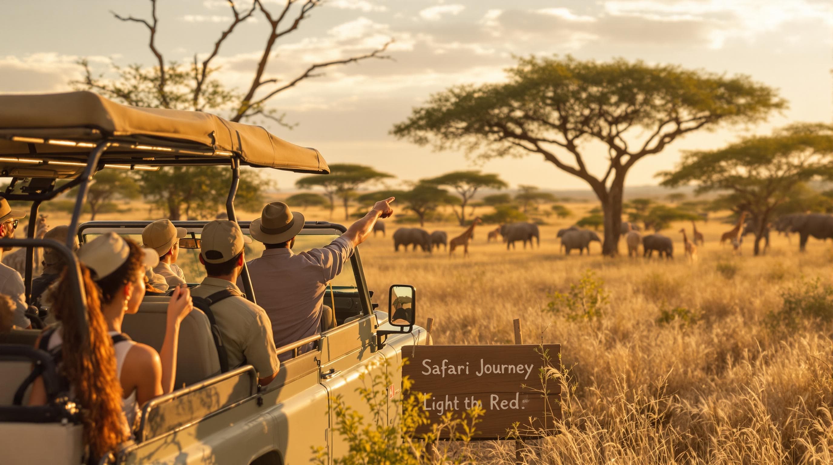 Travelers and guide begin a sunrise safari in Africa with wildlife nearby
