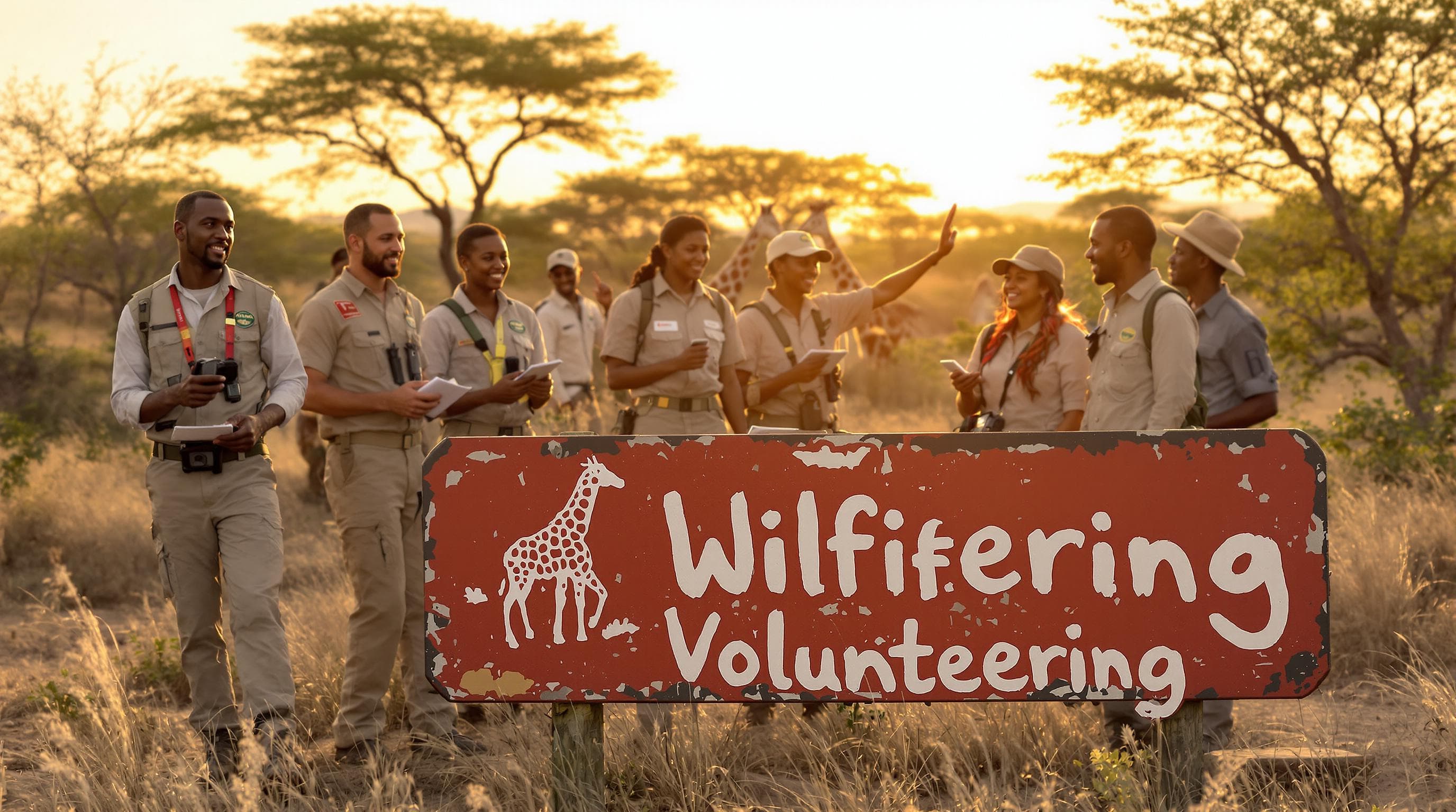 Volunteers in African savannah near wildlife with conservation sign