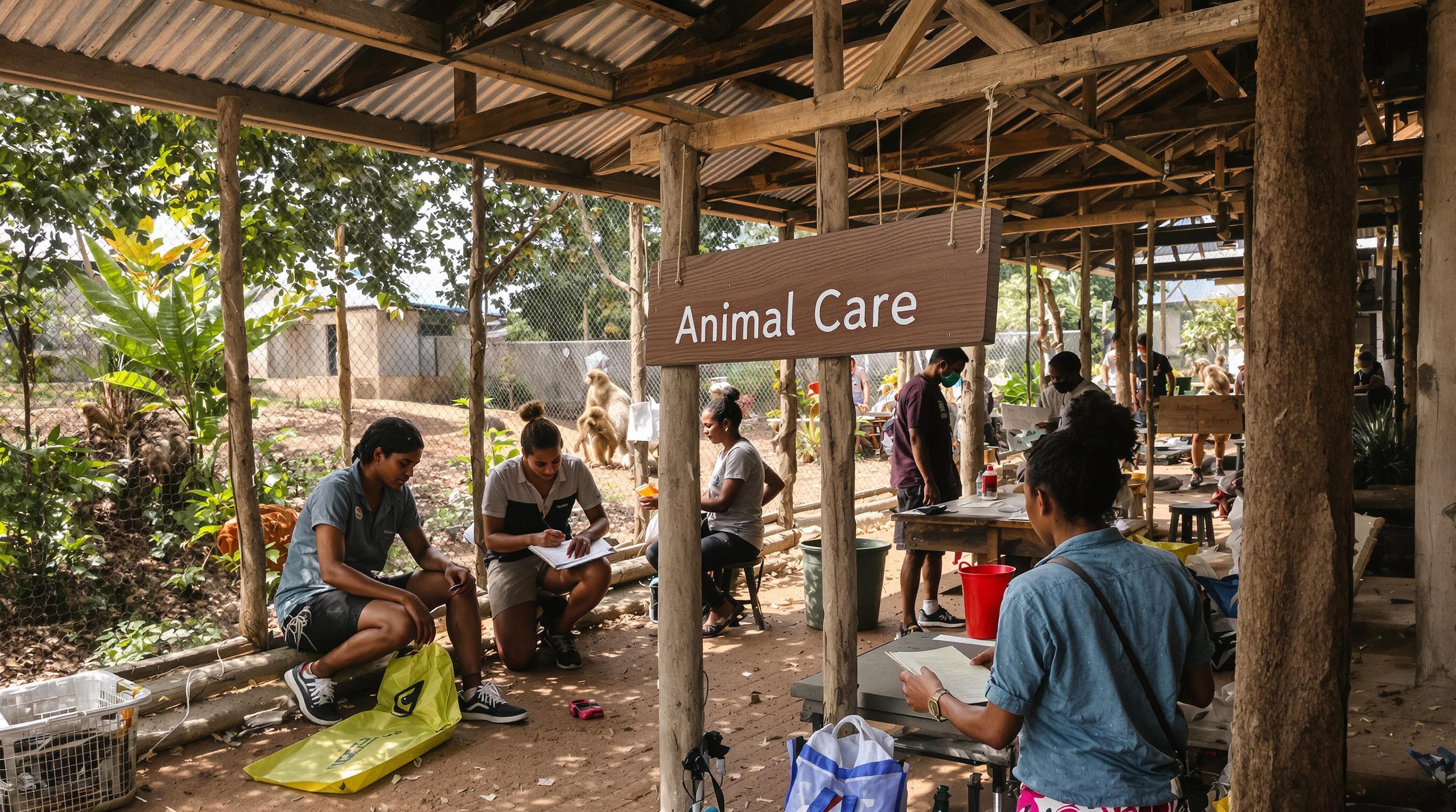 Volunteers care for animals in African wildlife sanctuary enclosure