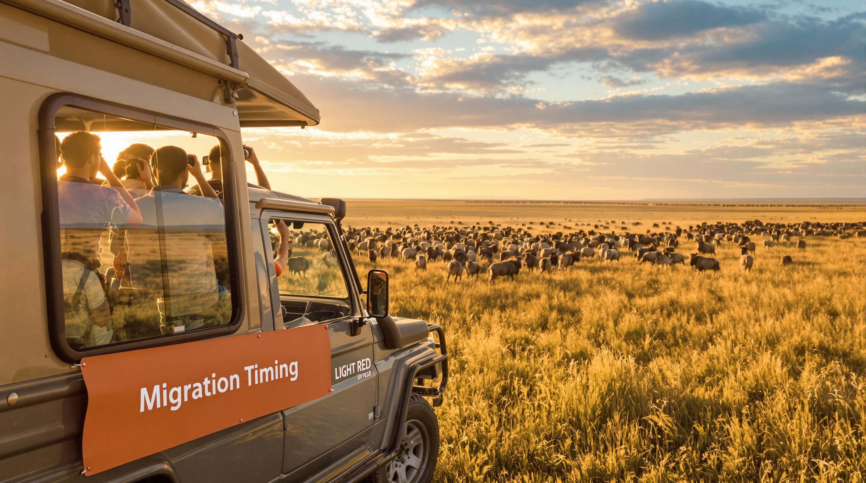 Safari travelers observing wildebeest migration at sunrise with 'Migration Timing' on vehicle