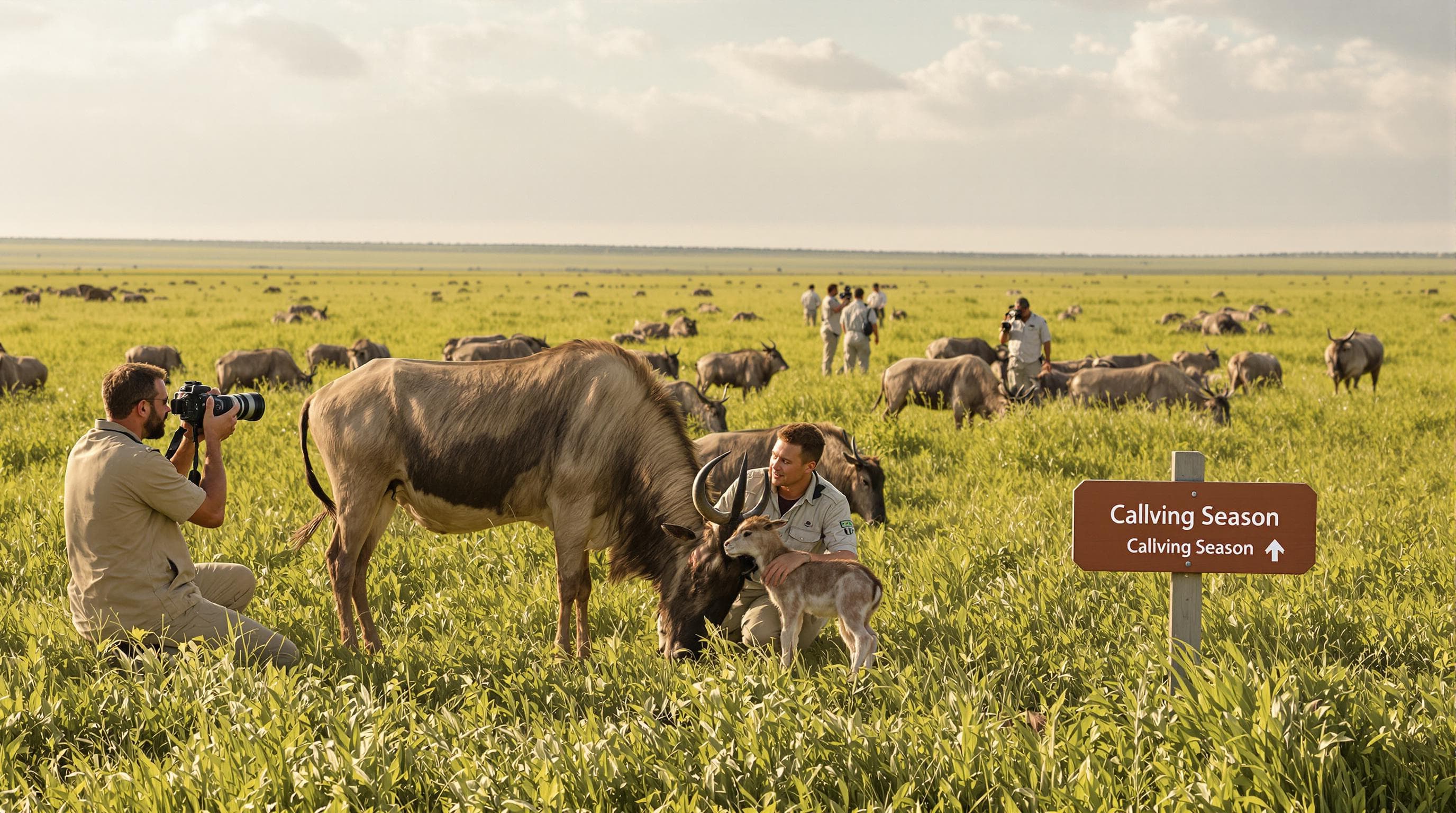 Wildebeest mother and newborn calf during calving season with photographers nearby and 'Calving Season' sign