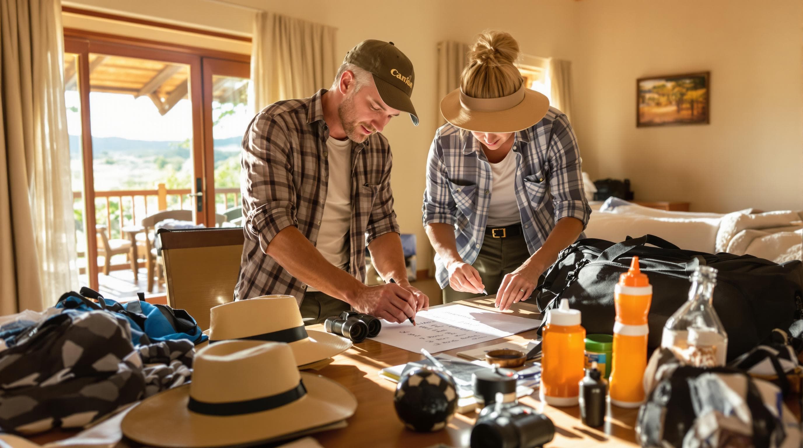 Safari travelers packing essentials in sunny lodge before their trip