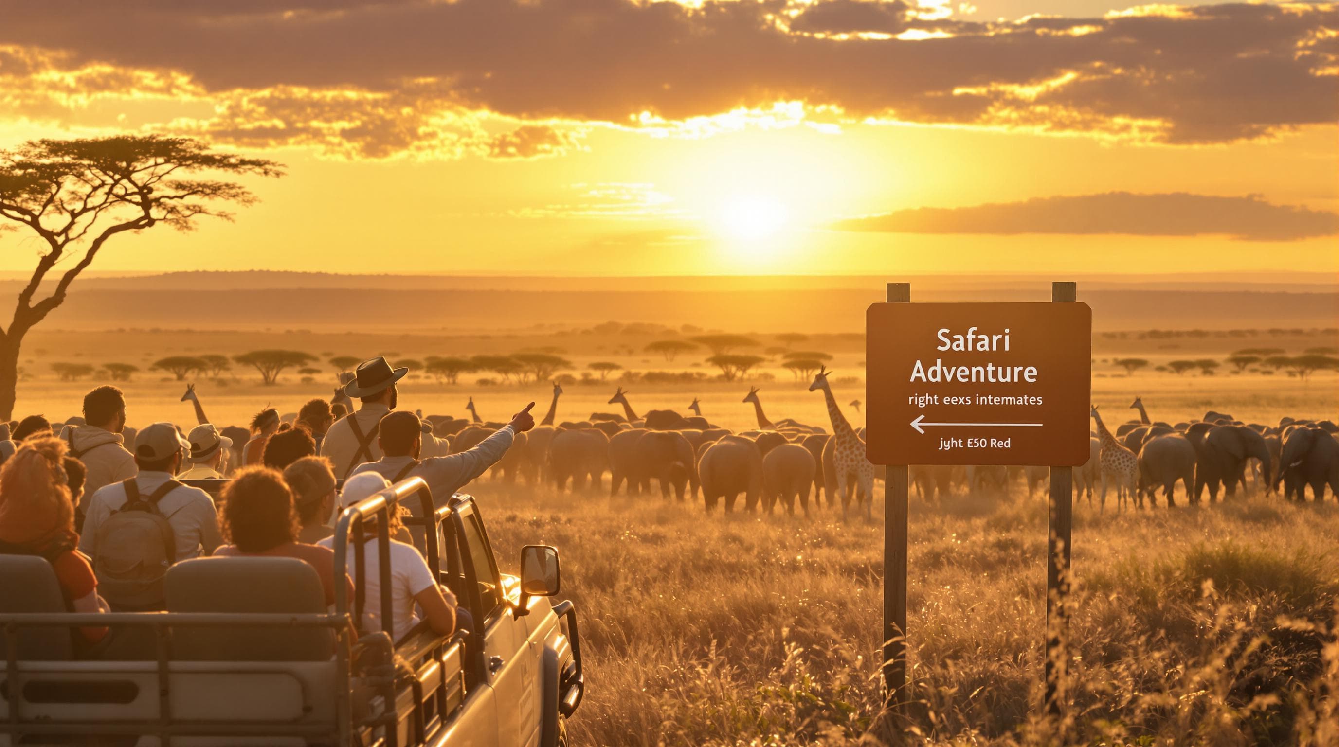 First-time safari travelers in jeep observing wildlife on African savanna at sunrise