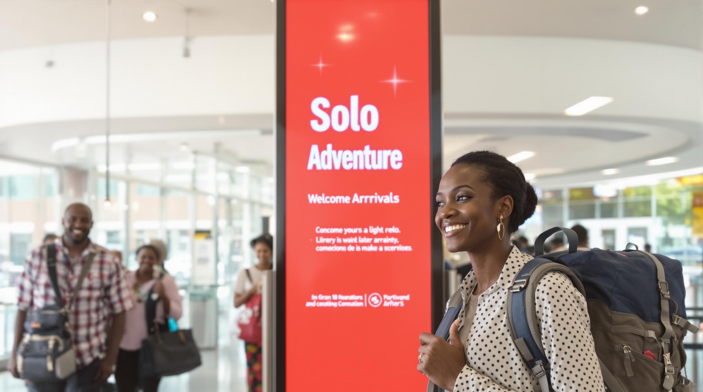 Solo female traveler arriving in an African city with 'Solo Adventure' text on a digital sign
