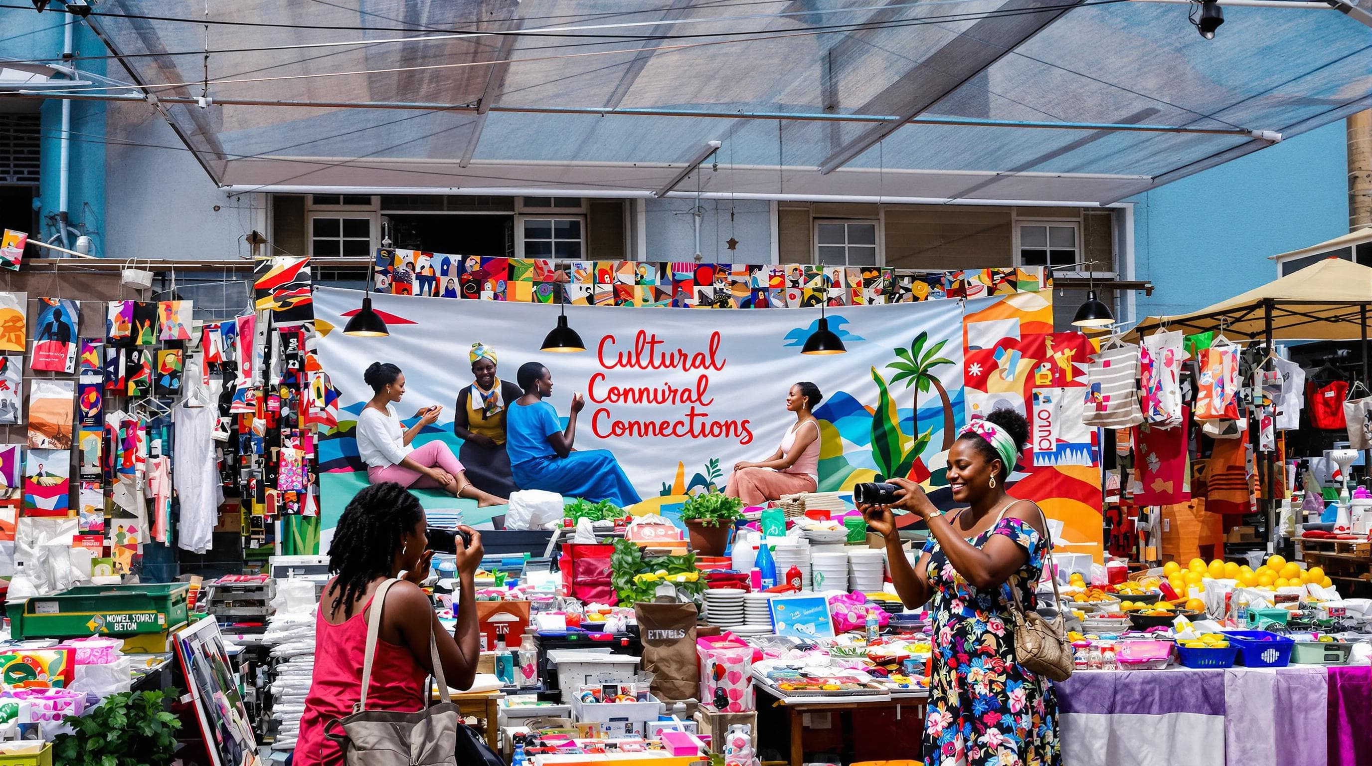 Female travelers meeting locals at Kigali market with 'Cultural Connections' on a banner