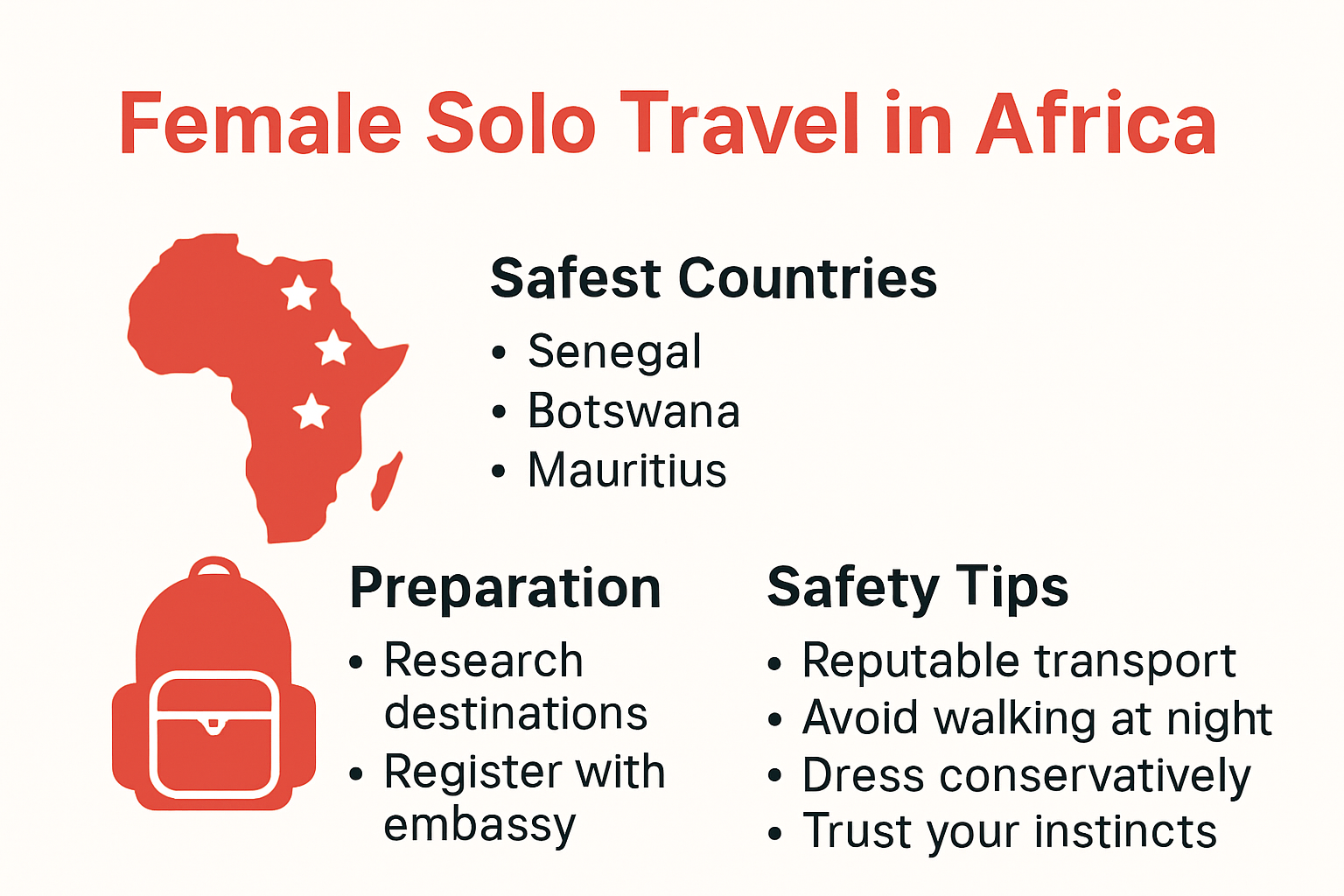 Infographic summarizing African female solo travel safety tips and statistics