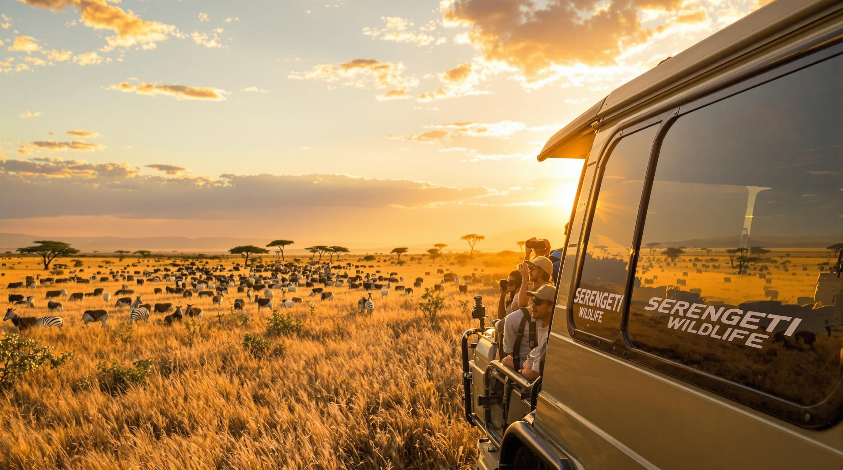 Safari group watching wildebeest migration at sunset in Serengeti