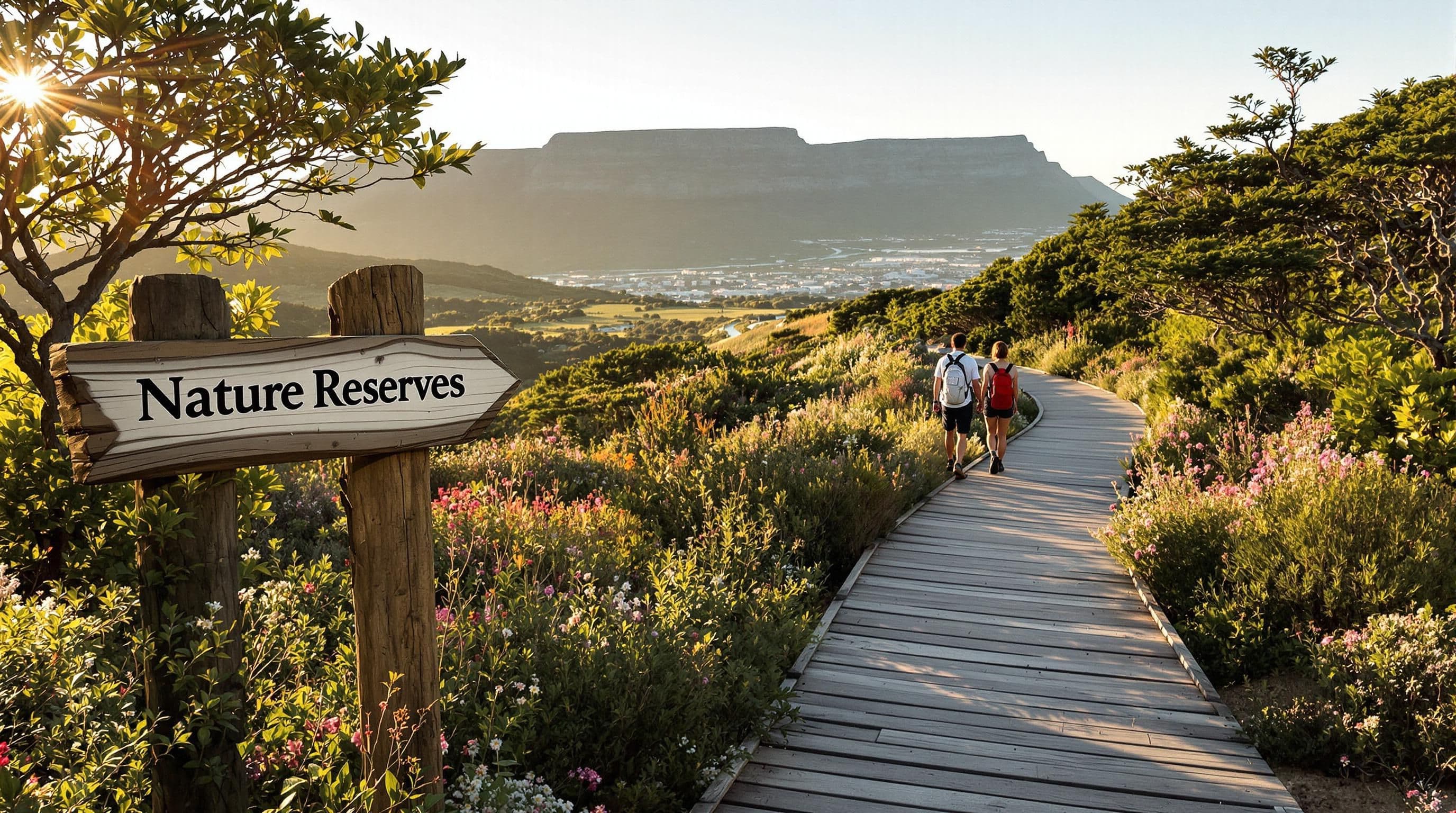 Travelers admire Cape Town nature reserve wildflowers at sunrise