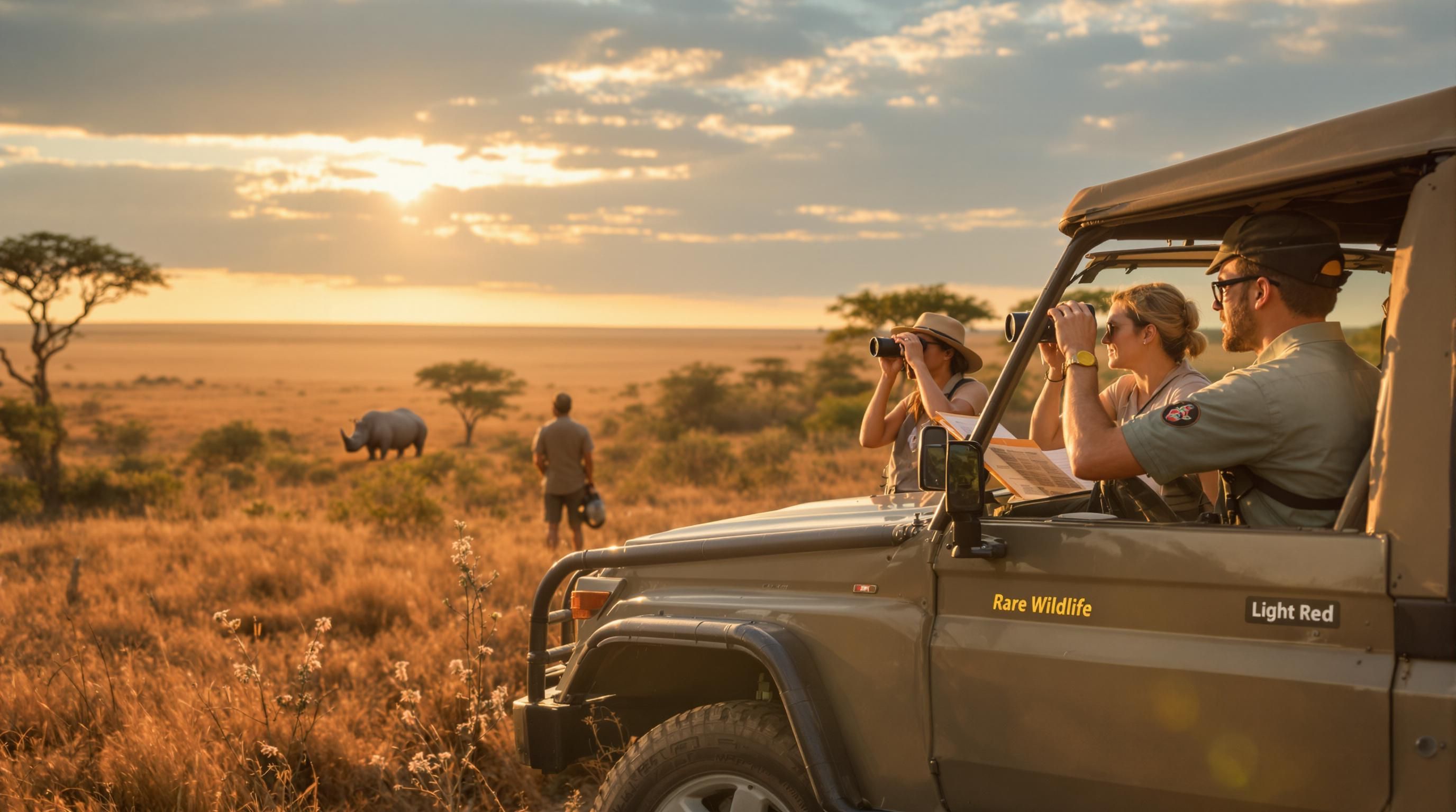 Travelers on African safari watching a rare rhinoceros at sunrise