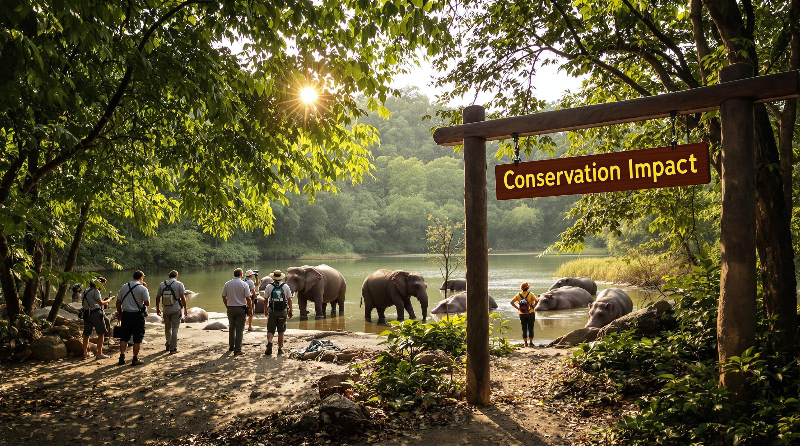 Researchers and guides study African wildlife at rainforest lagoon in national park
