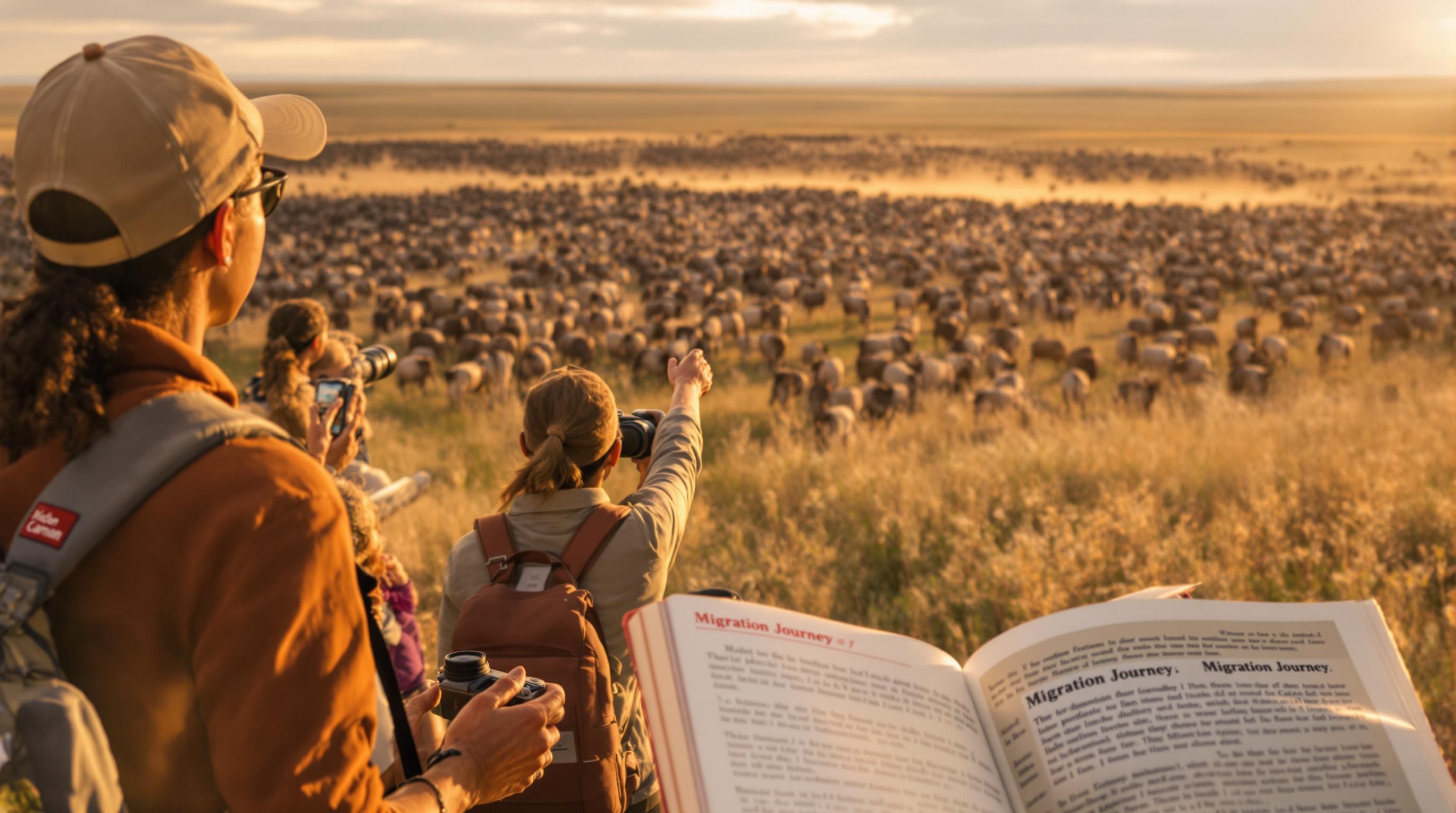 Travelers and guide observe wildebeest migration on Serengeti plains at sunrise