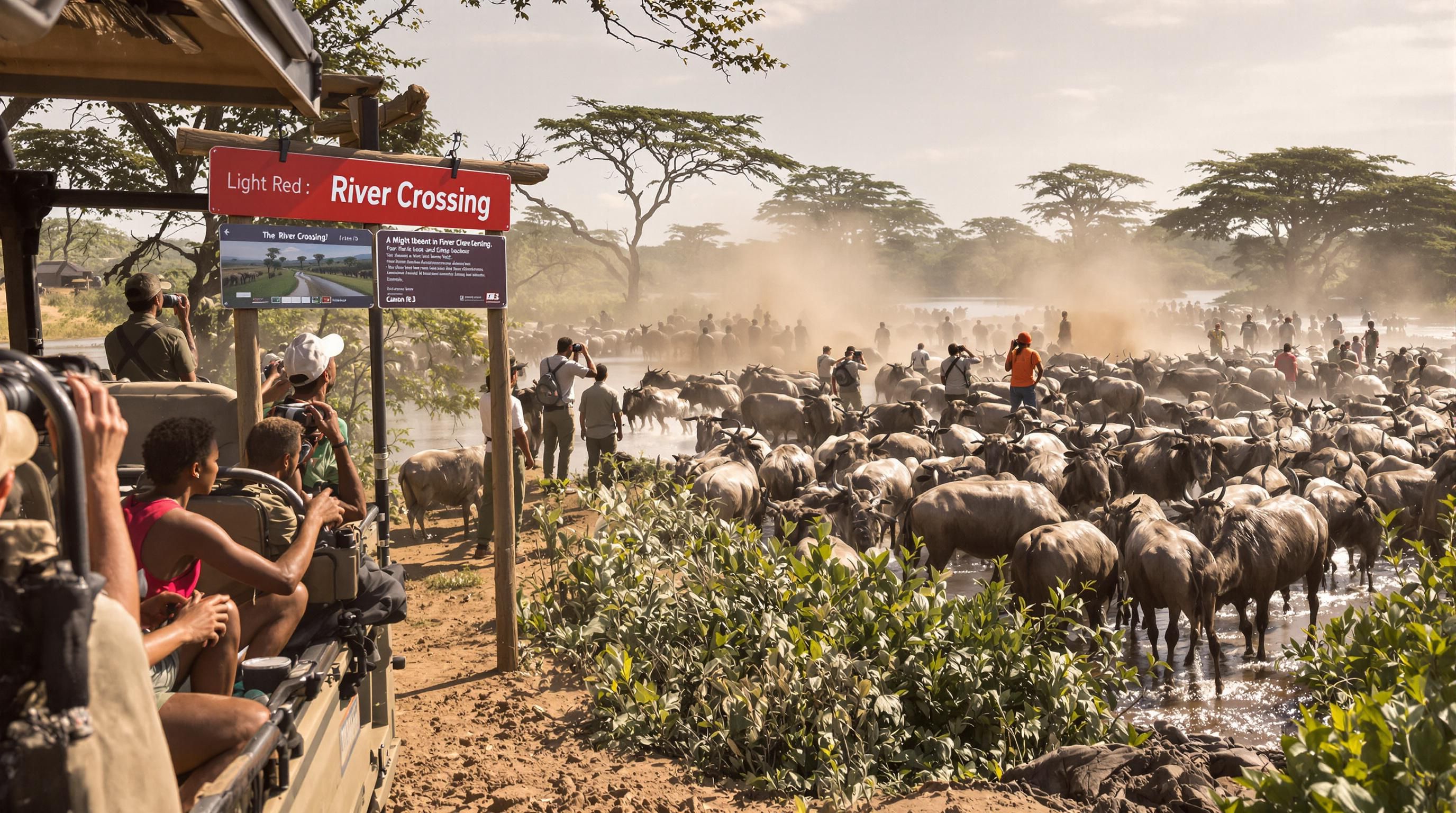 Safari travelers watch wildebeest cross Mara River with guides nearby