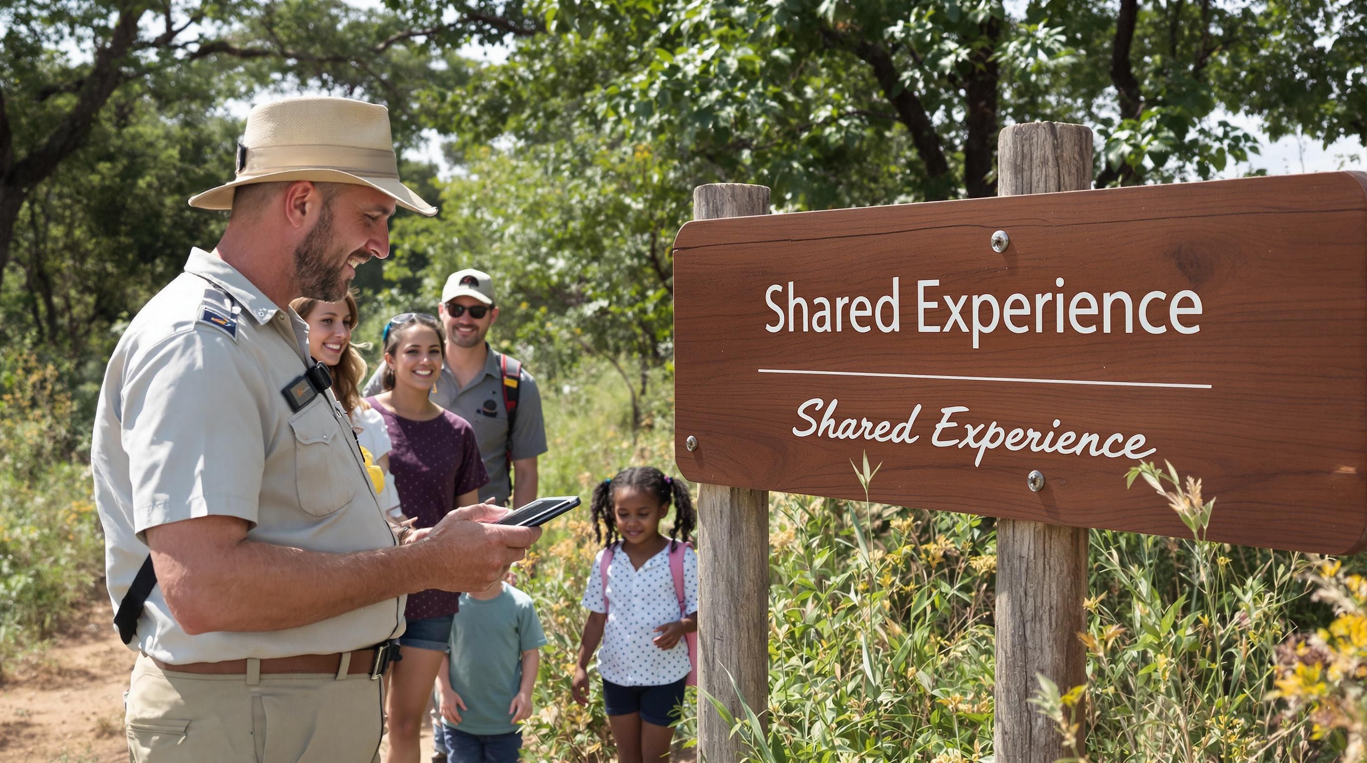 Family and guide learning together on a wilderness safari walk