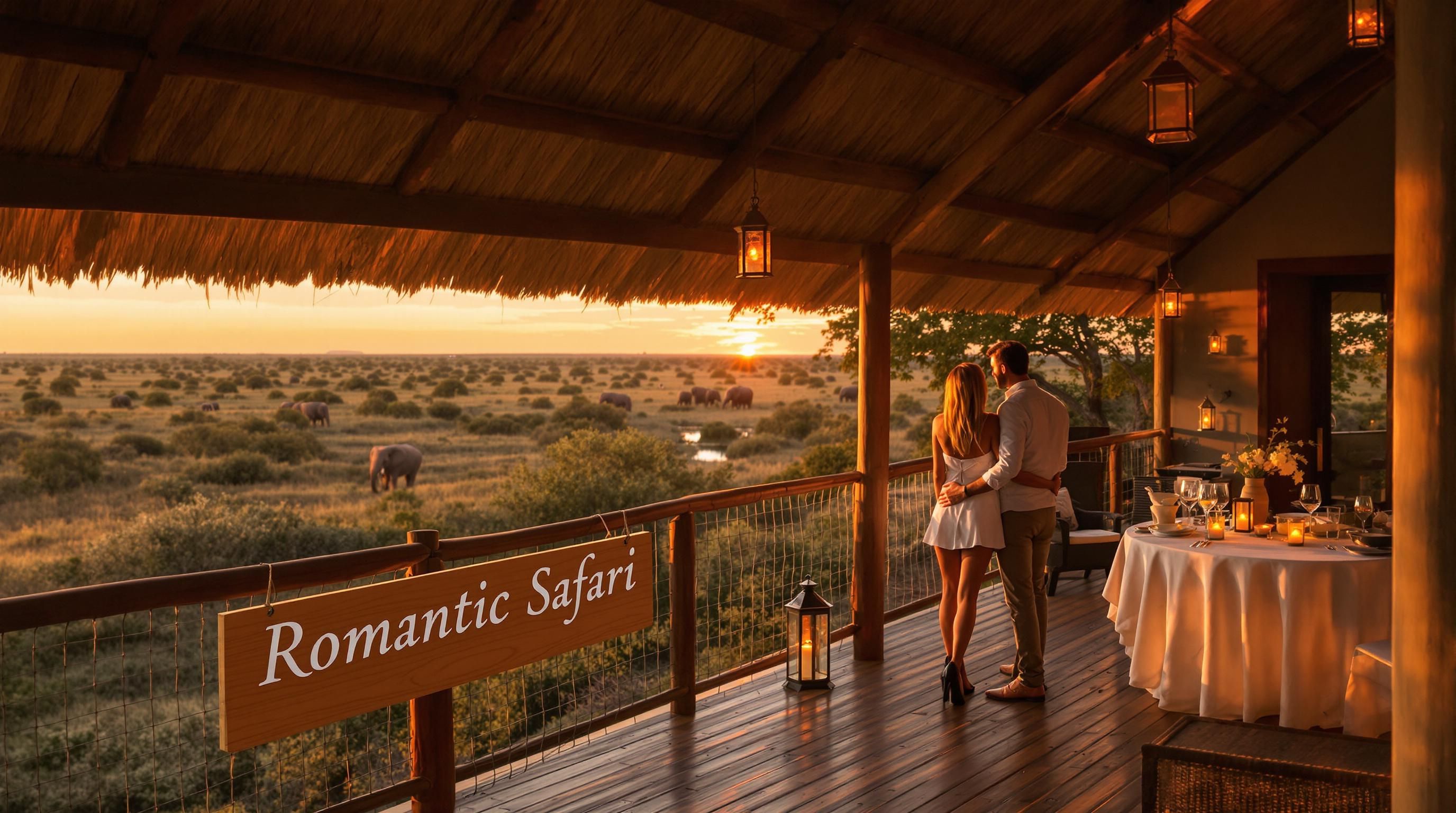 Couple enjoying a romantic safari sunset on a lodge deck