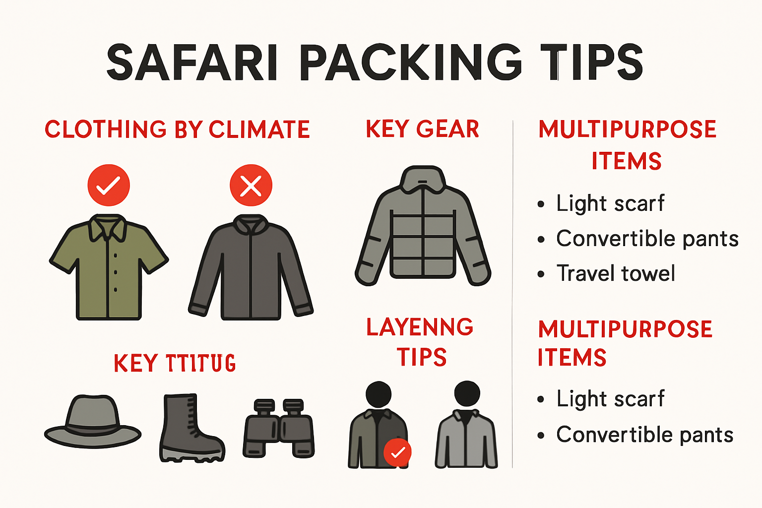 Infographic showing essential safari clothing and gear selection for African travel.