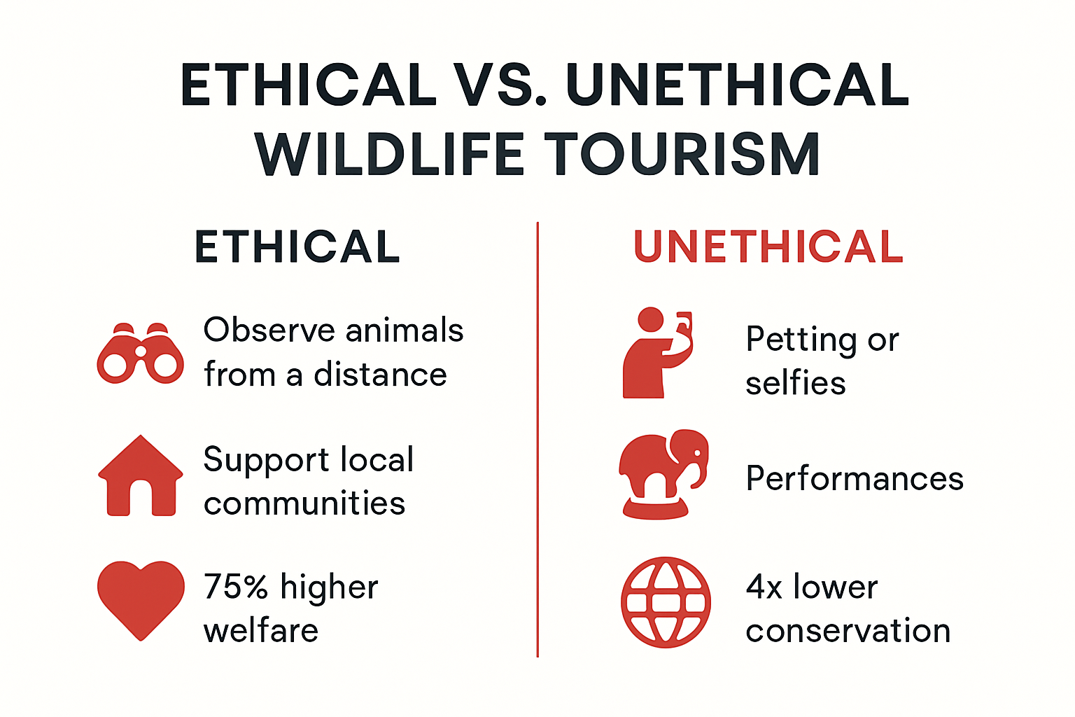 Comparison of ethical and unethical wildlife tourism practices infographic