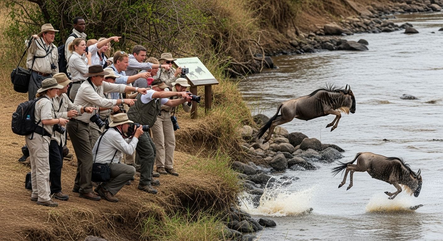 Mara River wildebeest crossing human viewers