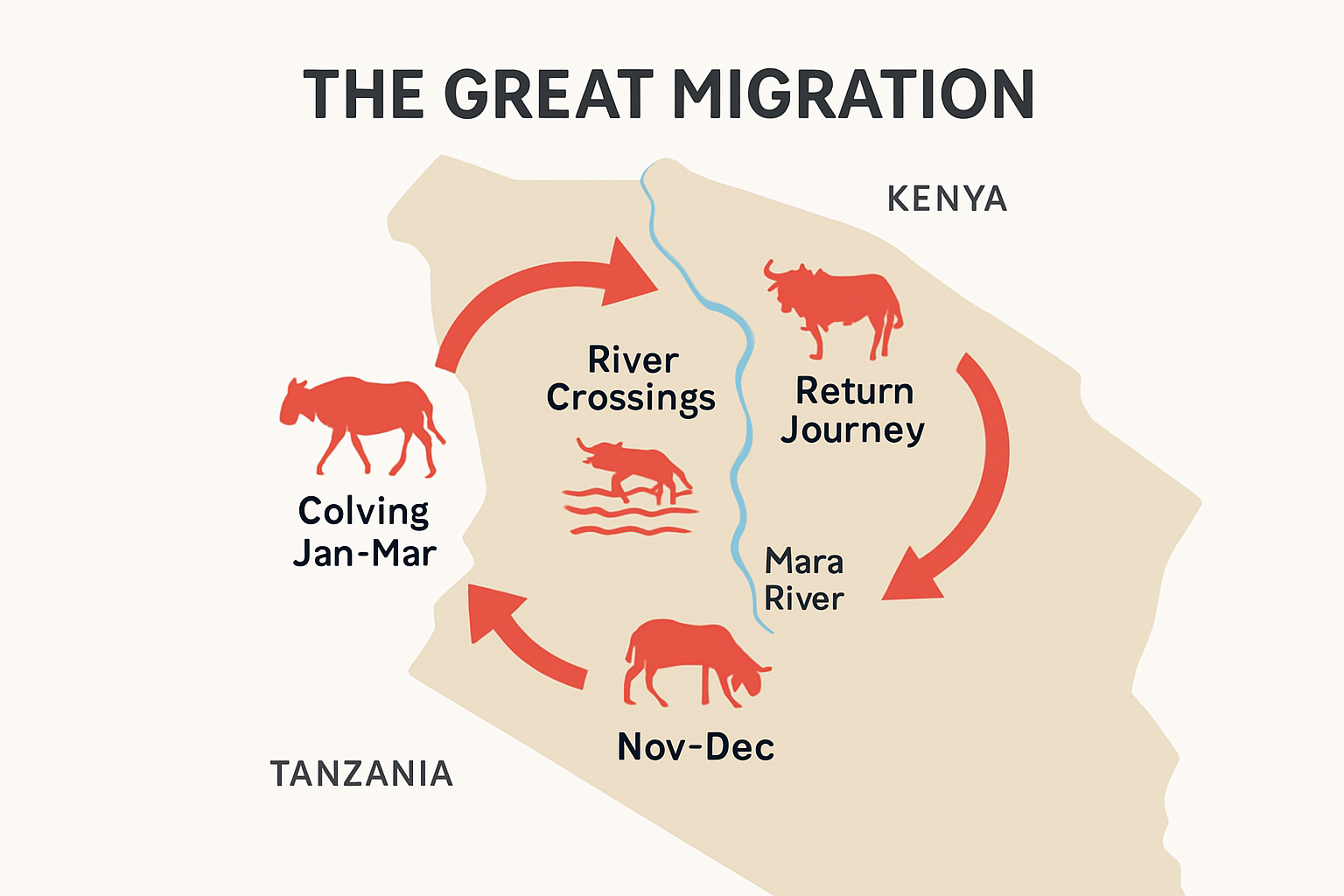 Annual Great Migration routes and timing map infographic