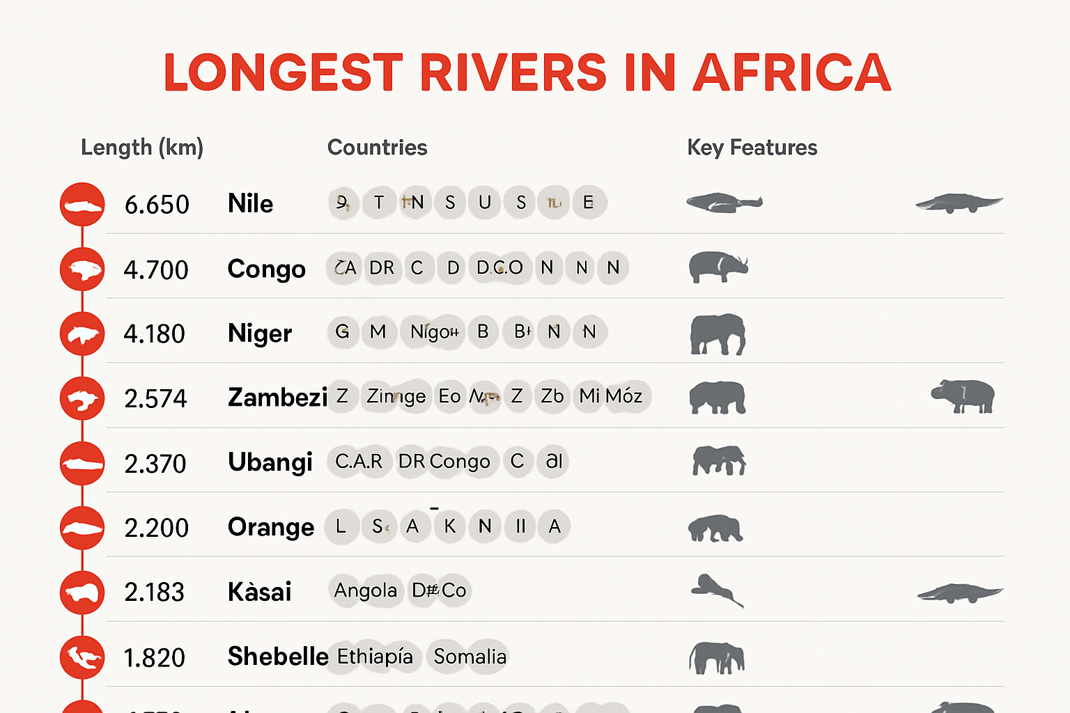 Infographic ranking Africa's top 10 longest rivers by length and geography