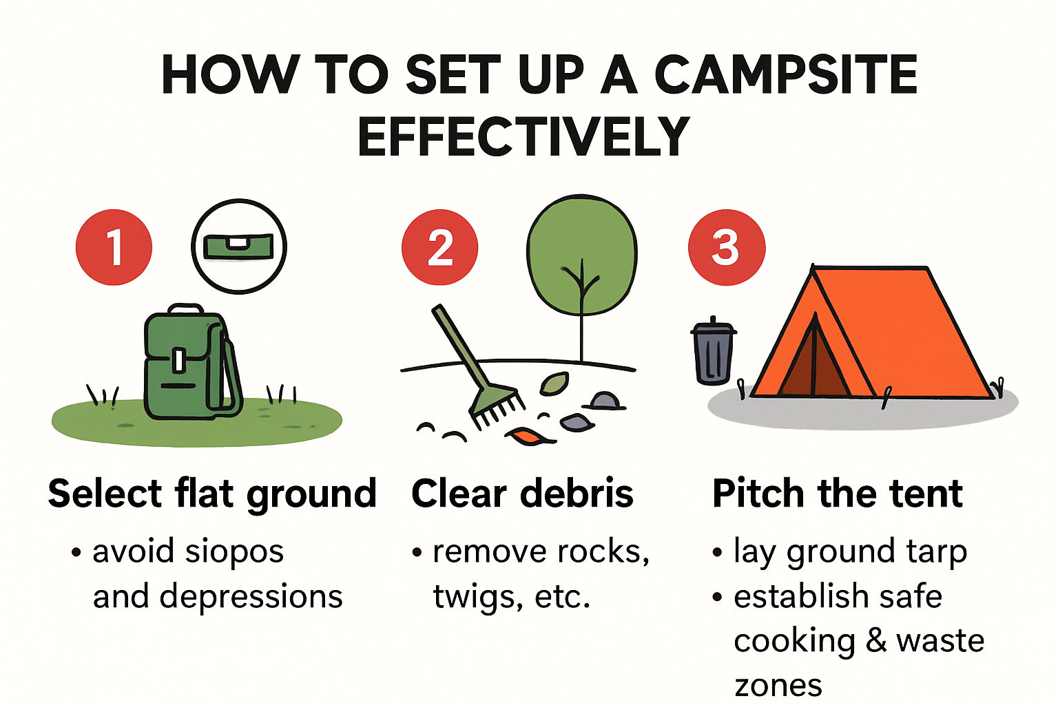 Infographic showing beginner steps for setting up a campsite