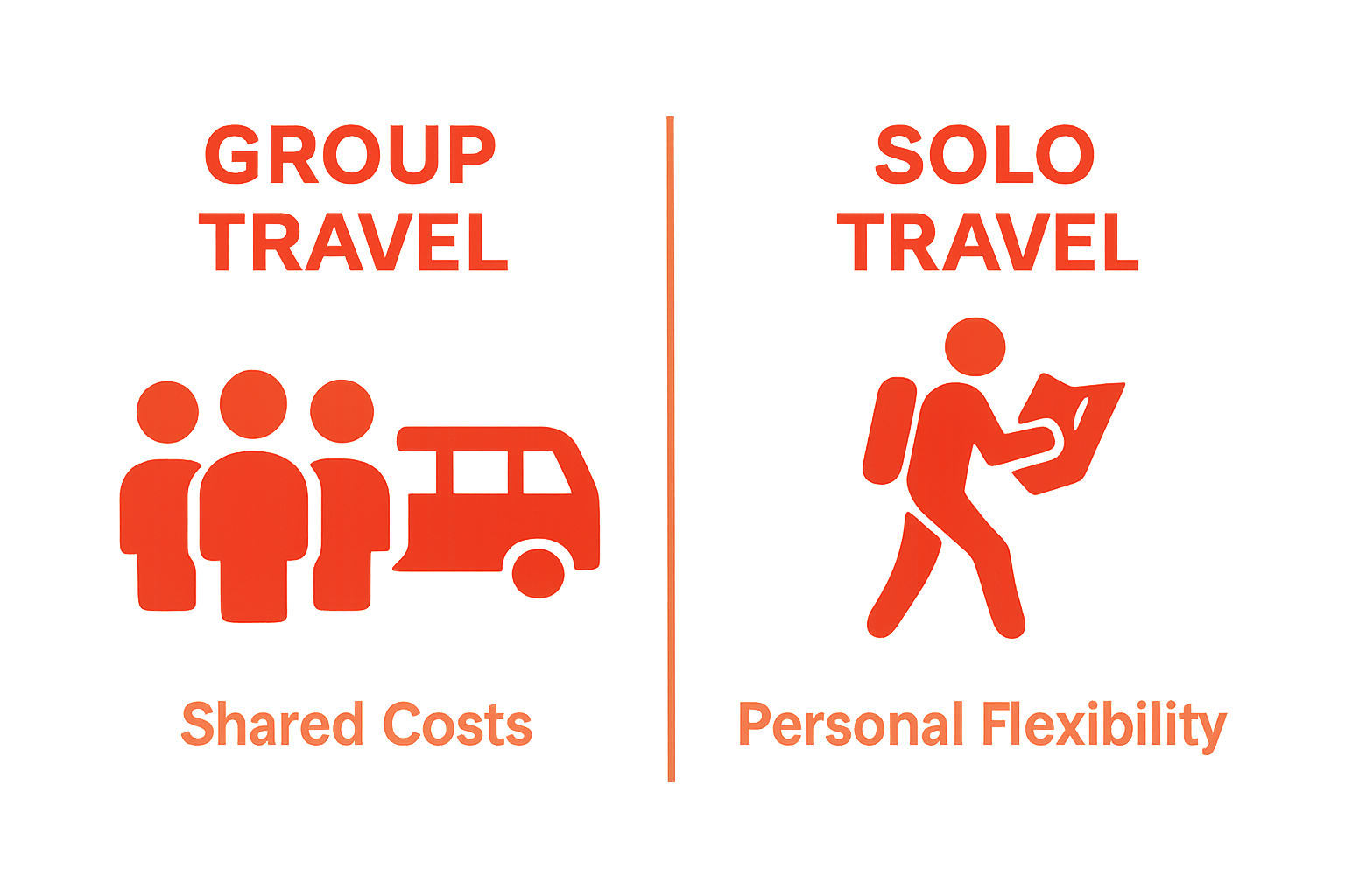 Simple infographic comparing group travel and solo travel icons with one key benefit each