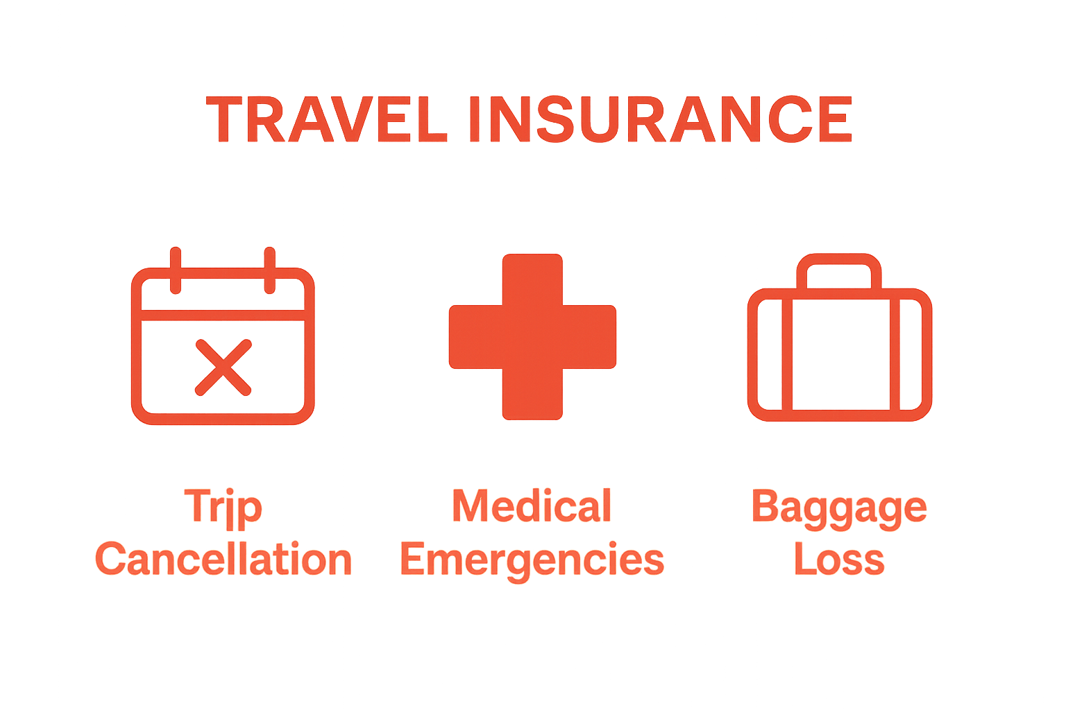 Infographic showing three main types of travel insurance coverage: trip cancellation, medical emergencies, and baggage loss