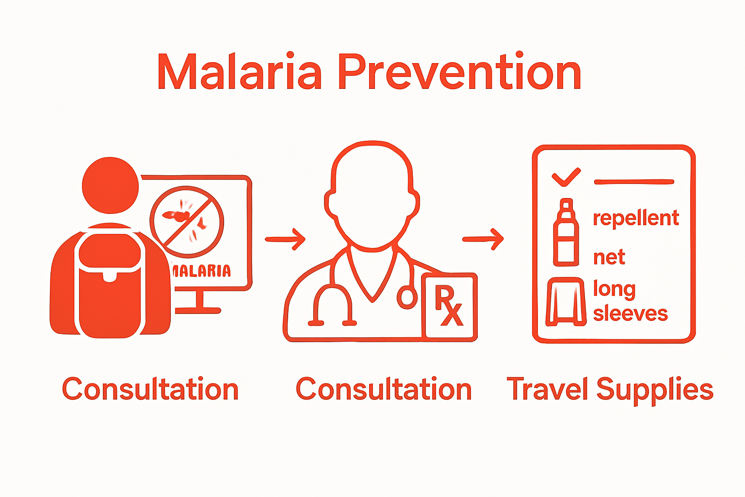 Infographic illustrating three essential steps to avoid malaria: research, consult doctor, gather supplies.