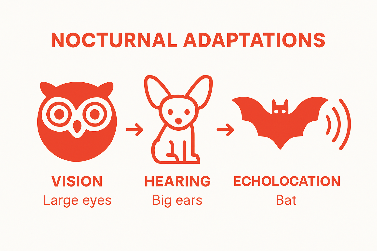 Infographic comparing vision, hearing, echolocation in nocturnal animals