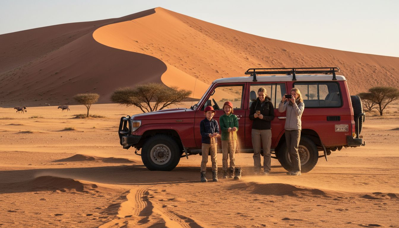 Family exploring sand dunes in Namibia