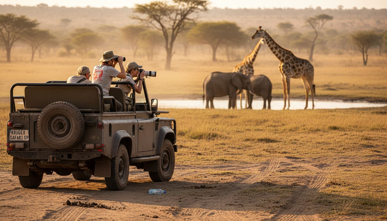 Safari tourists watching elephants and giraffes