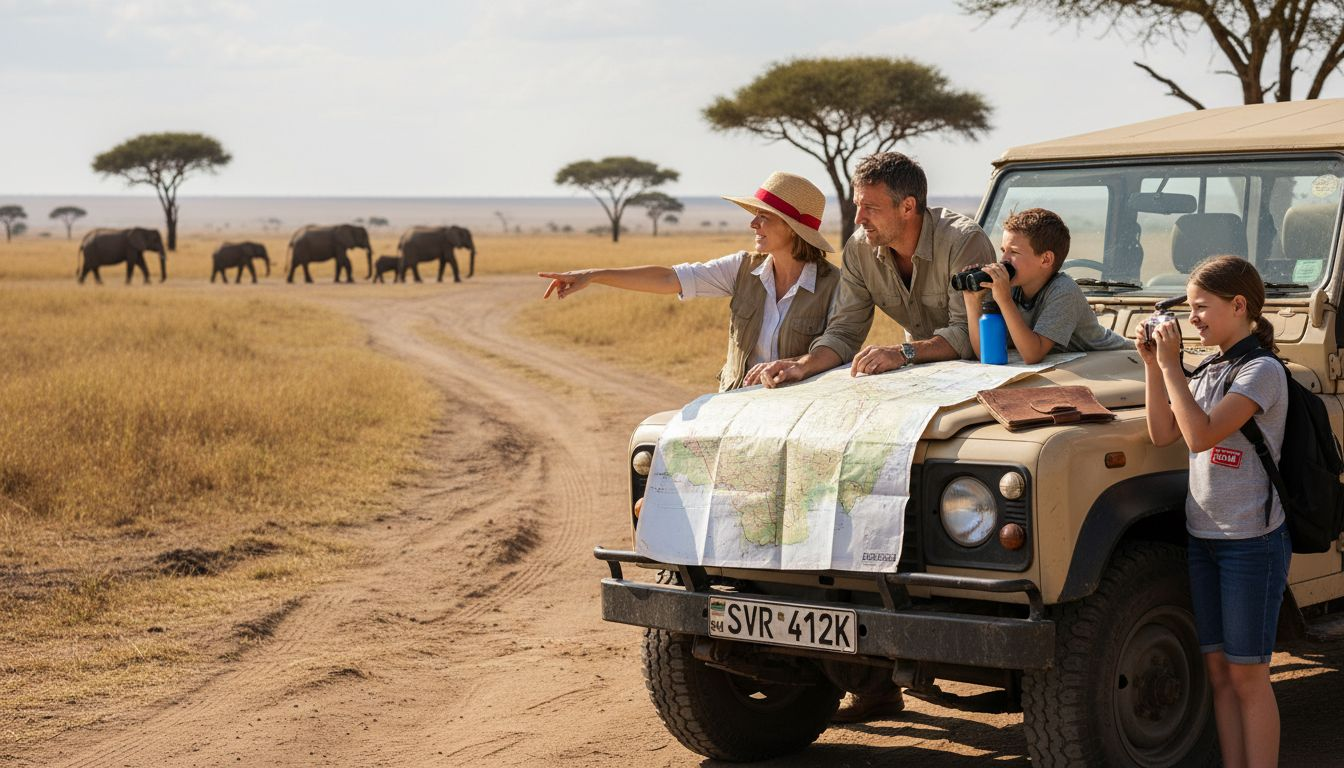 Family on safari looking at elephants