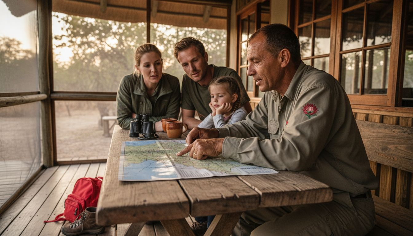 Guide consulting family on safari porch