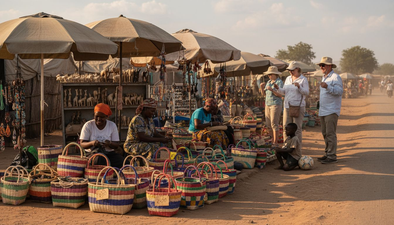 Artisans and tourists at African safari craft market