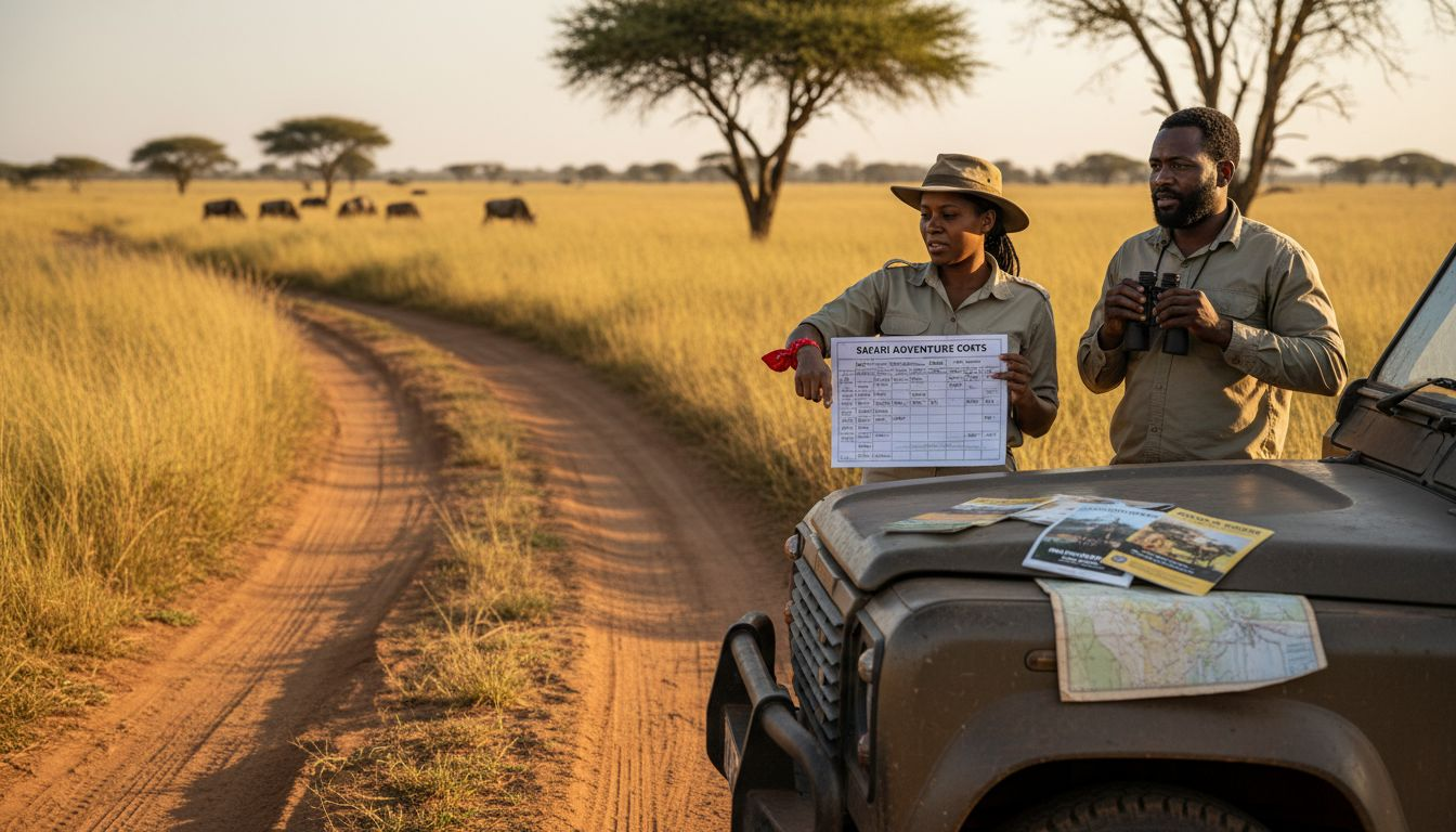 Safari guides reviewing trip cost chart outdoors