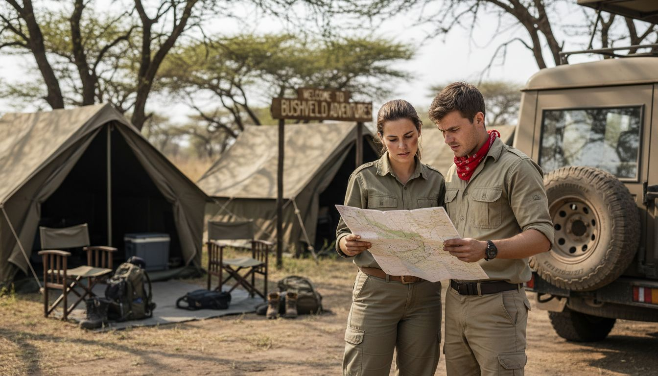 Couple planning budget African safari at camp