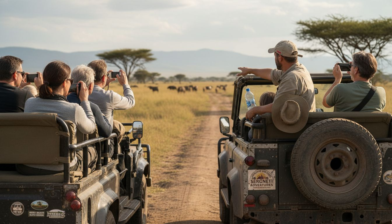 Travel group in safari jeep on savannah
