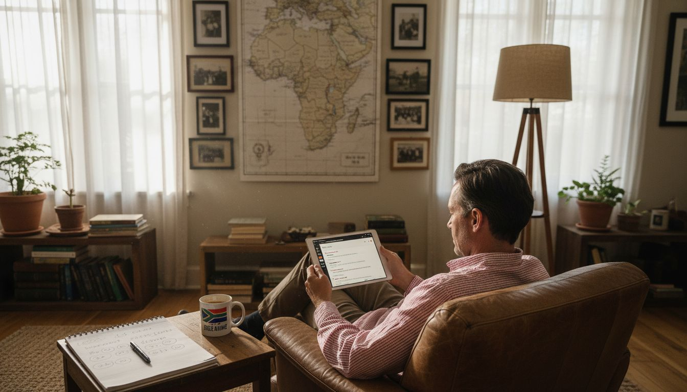 Man reading safari operator reviews at home