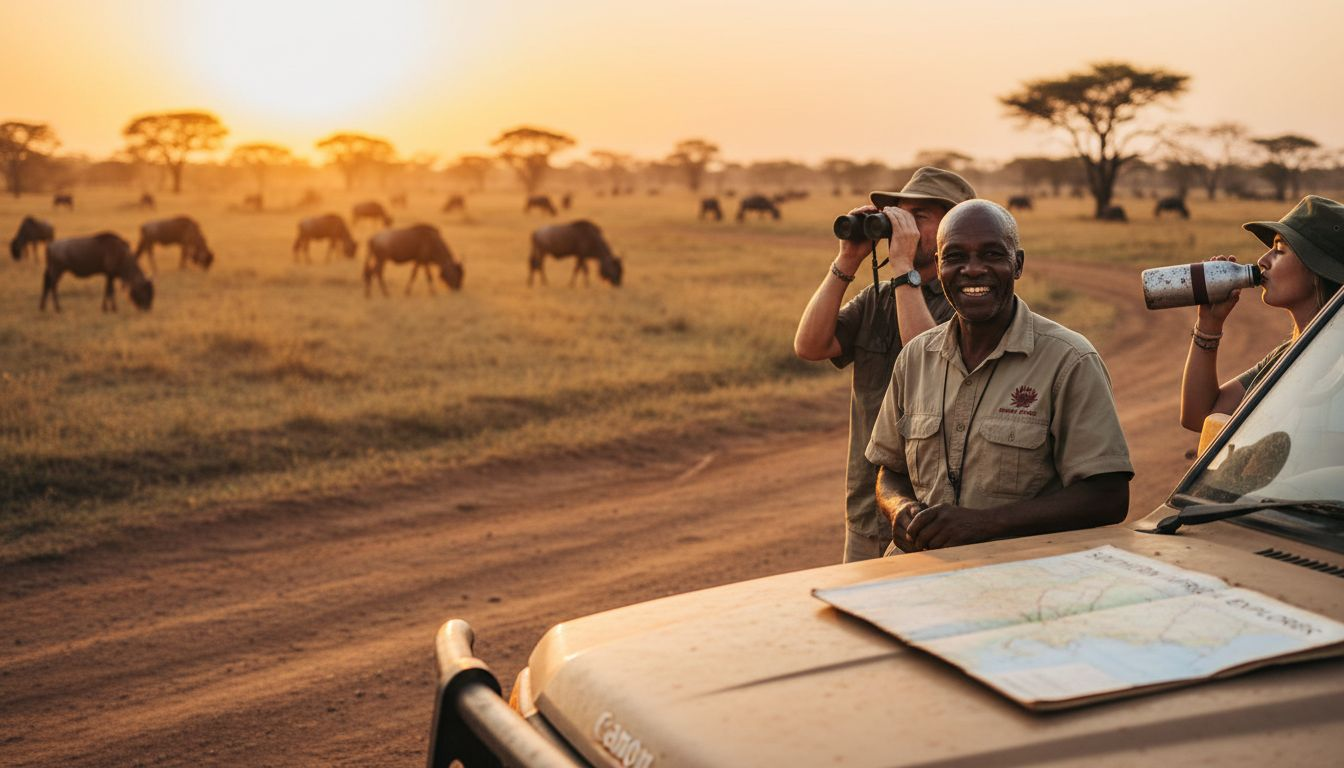 Safari truck in African savannah at sunset