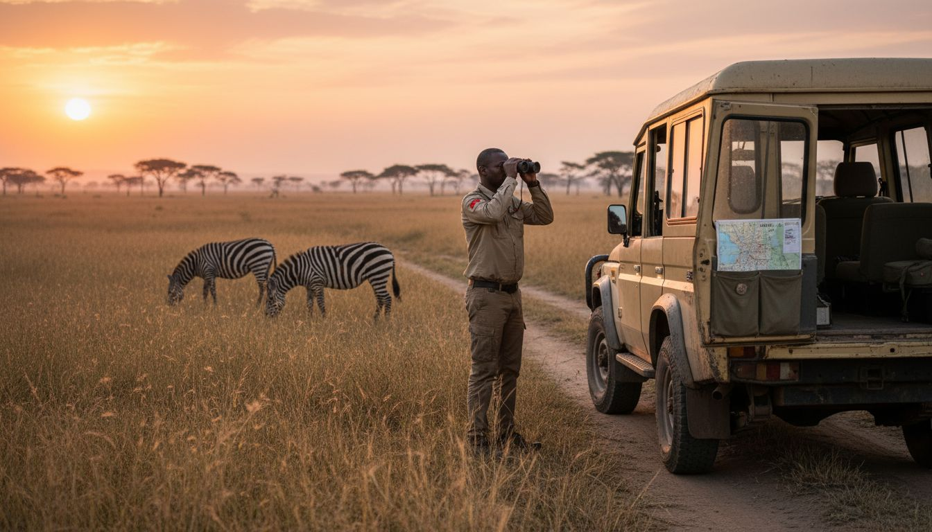 Safari guide and vehicle in Maasai Mara sunrise