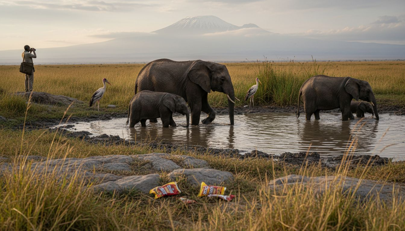 Elephants at Amboseli watering hole view