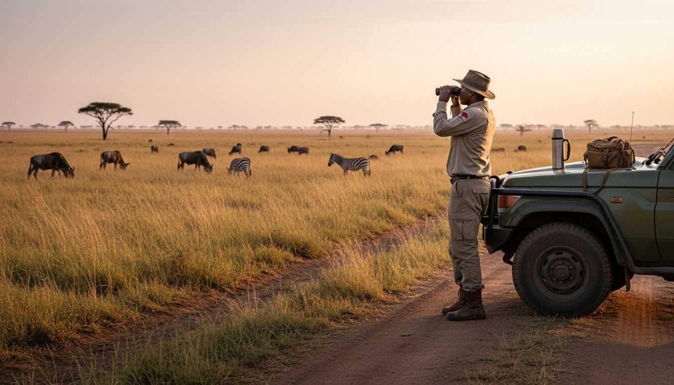Guide and Land Cruiser at African safari sunrise