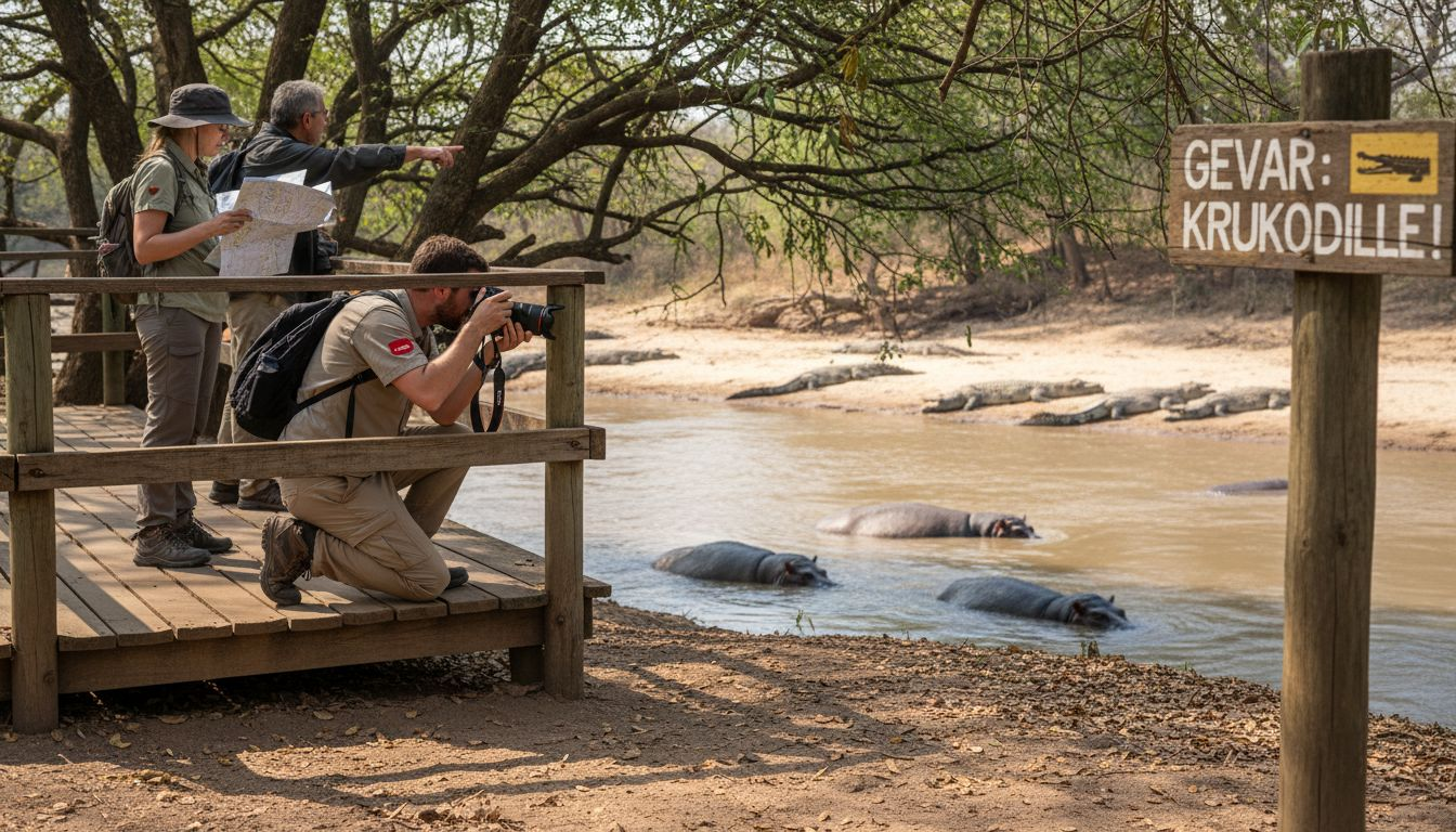 Tourists watching animals at safari riverbank