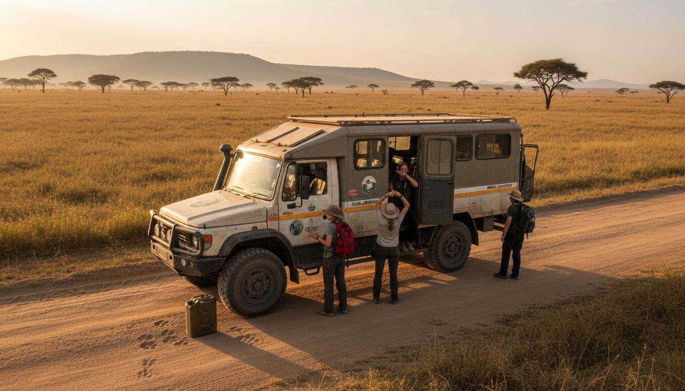 Overland safari truck in African savannah
