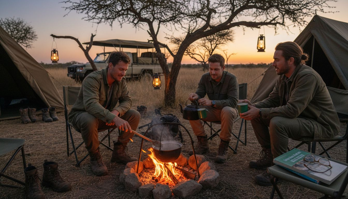Group relaxing at Tanzania safari campsite