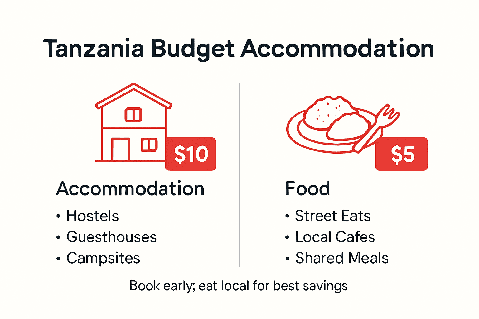 Infographic with tips for cheap Tanzanian lodging and food