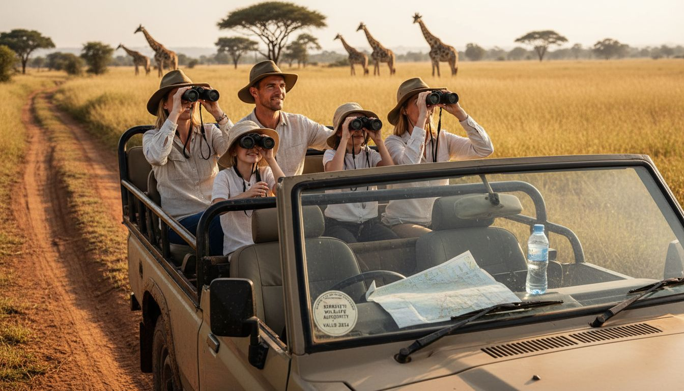 Family in safari jeep watching wildlife