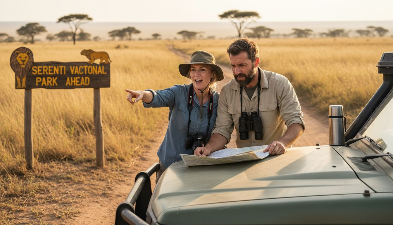Couple planning safari with map on vehicle