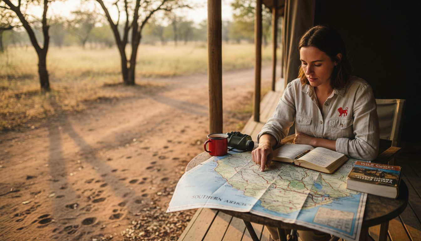 Traveler marking route at safari lodge